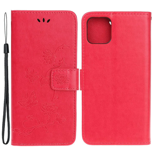 Imprint Butterfly Flower PU Leather Wallet Shell Stand Case with Strap for iPhone 13 - Red - 1