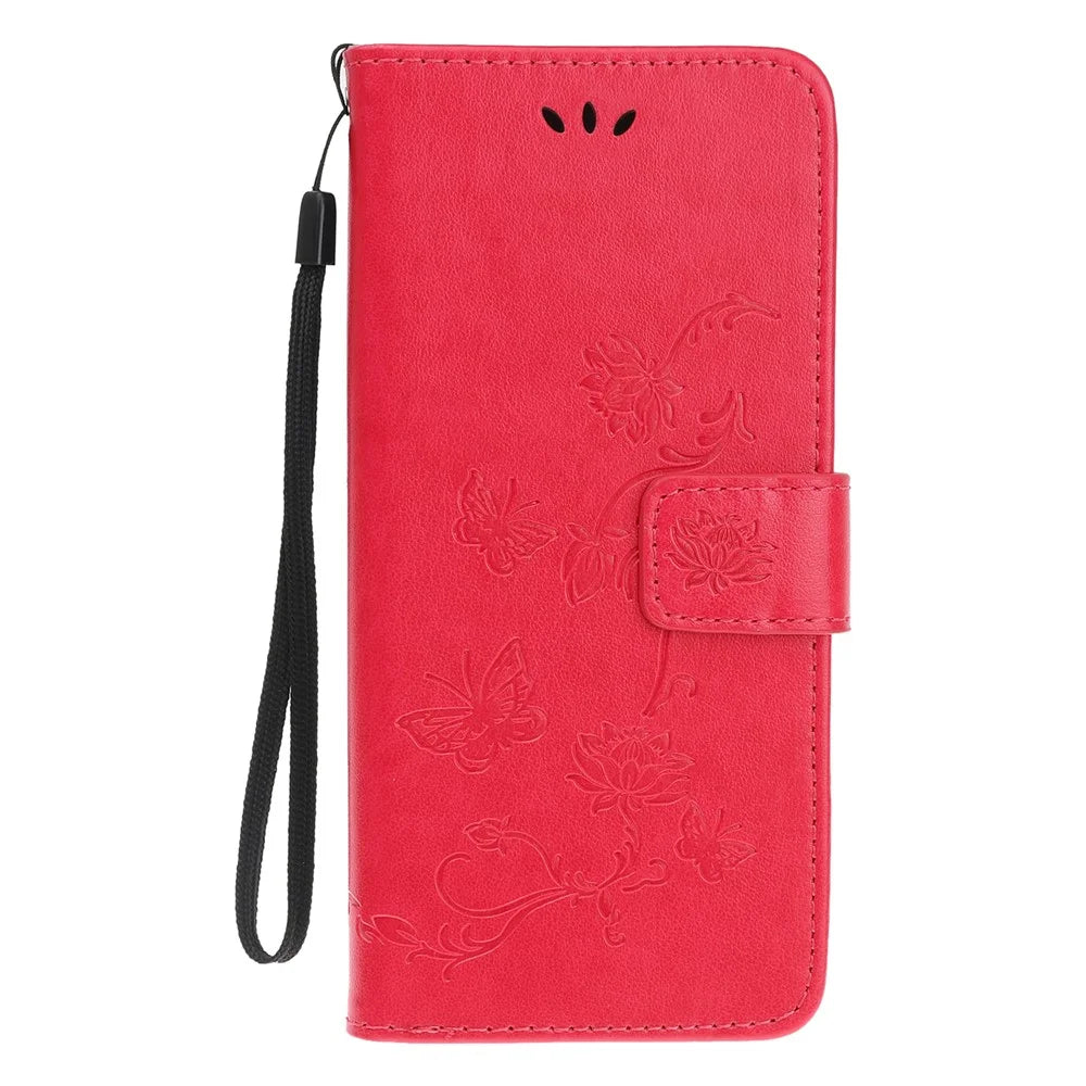 Imprint Butterfly Flower PU Leather Wallet Shell Stand Case with Strap for iPhone 13 - Red - 2