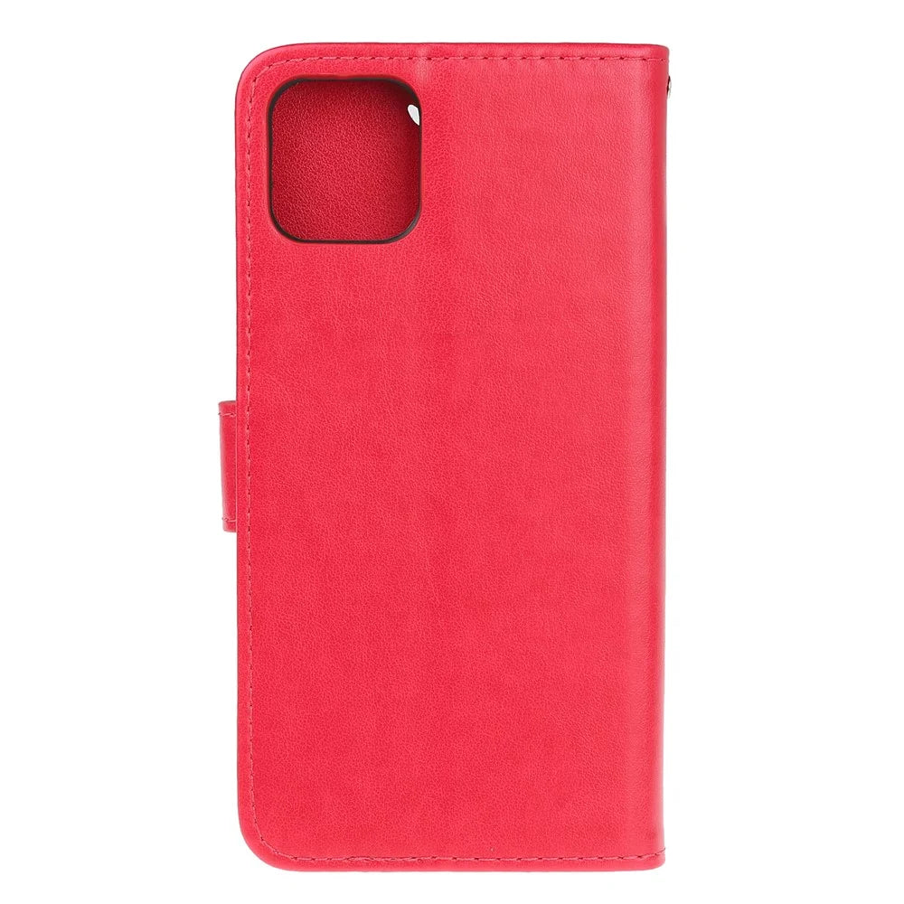 Imprint Butterfly Flower PU Leather Wallet Shell Stand Case with Strap for iPhone 13 - Red - 3