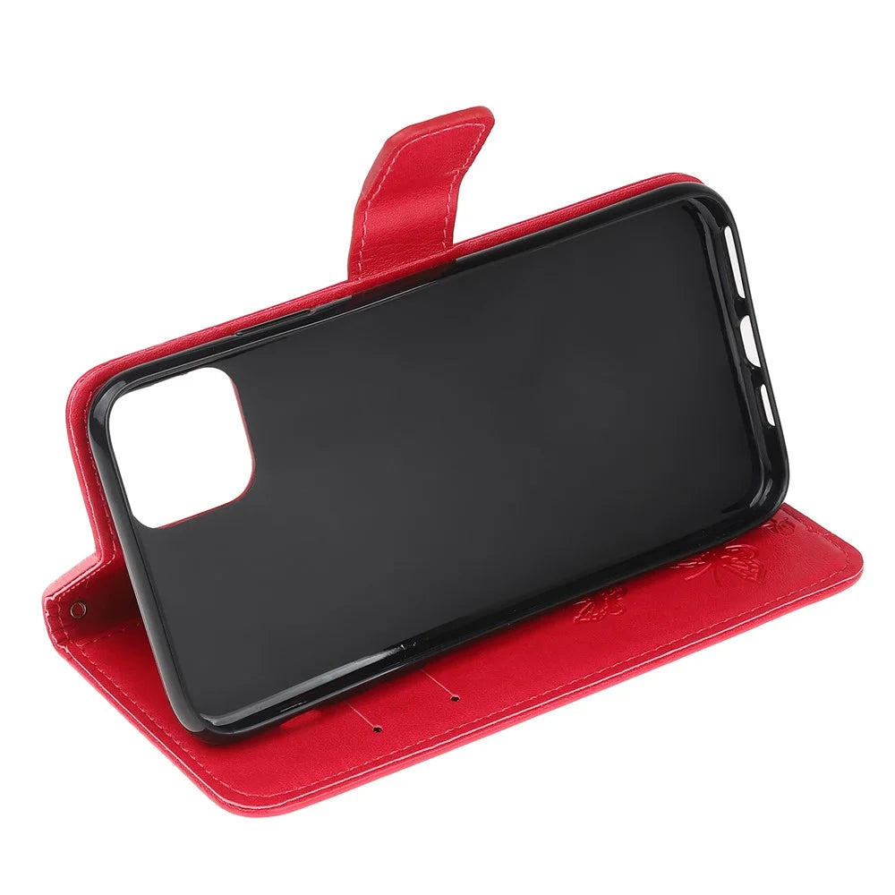 Imprint Butterfly Flower PU Leather Wallet Shell Stand Case with Strap for iPhone 13 - Red - 4