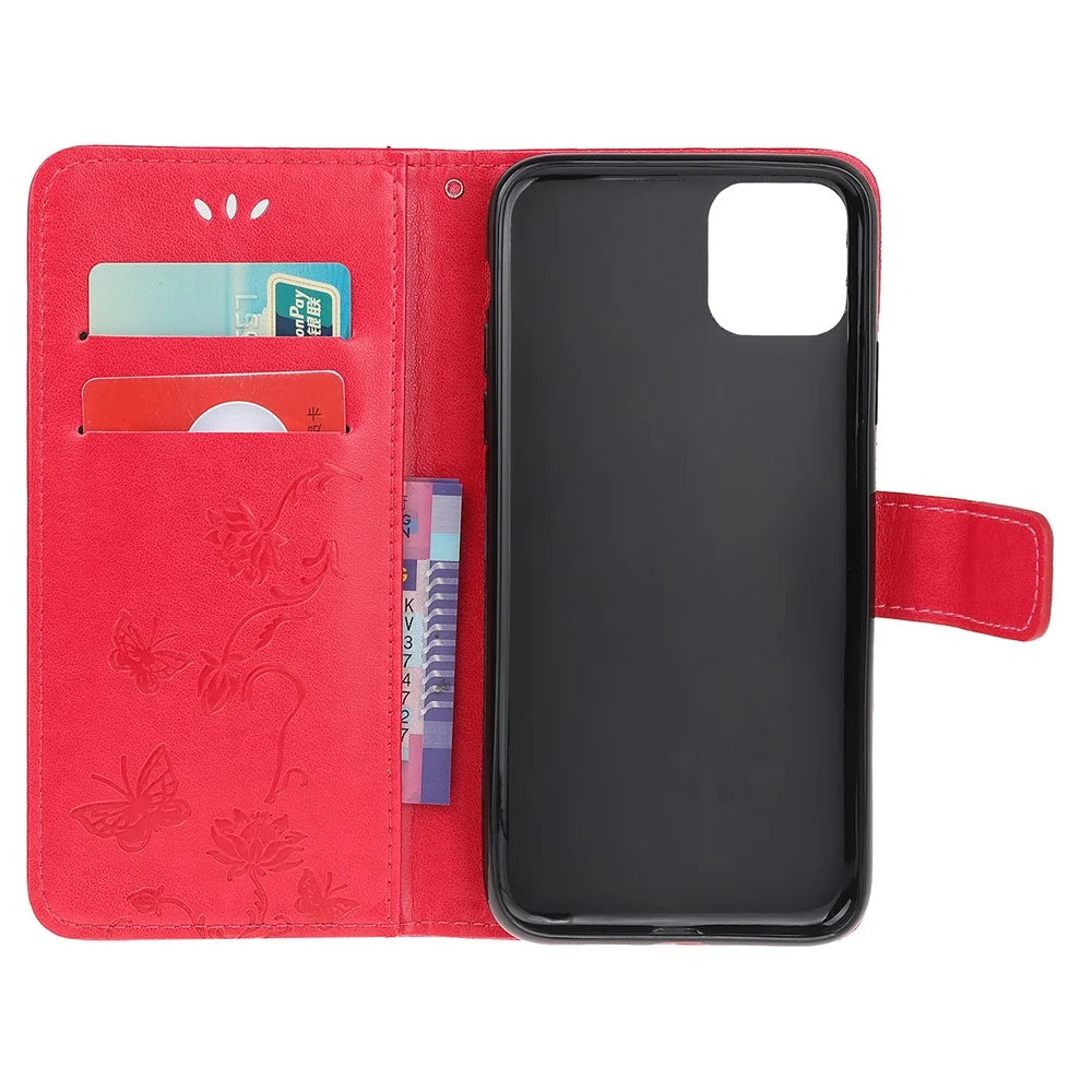 Imprint Butterfly Flower PU Leather Wallet Shell Stand Case with Strap for iPhone 13 - Red - 5