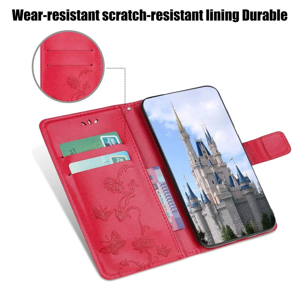 Imprint Butterfly Flower PU Leather Wallet Shell Stand Case with Strap for iPhone 13 - Red - 6