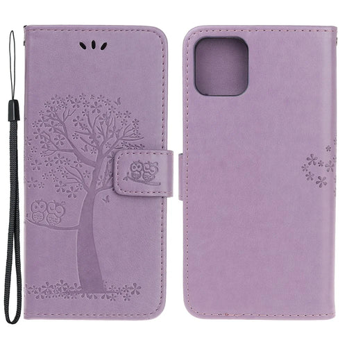 Owl Tree Imprint Wallet Stand Design PU Leather Case Protector with Wrist Strap for iPhone 13 Pro 6.1 inch - Light Purple - 1