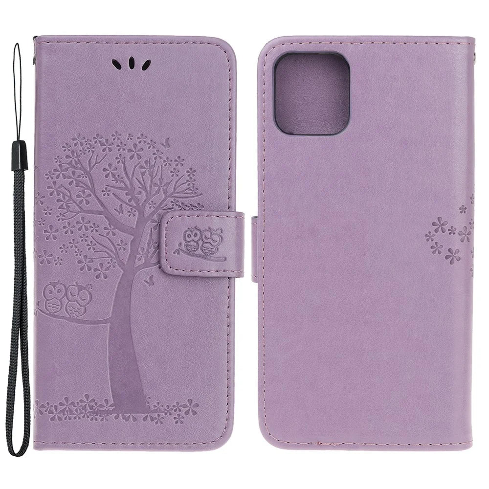 Owl Tree Imprint Wallet Stand Design PU Leather Case Protector with Wrist Strap for iPhone 13 Pro 6.1 inch - Light Purple - 1