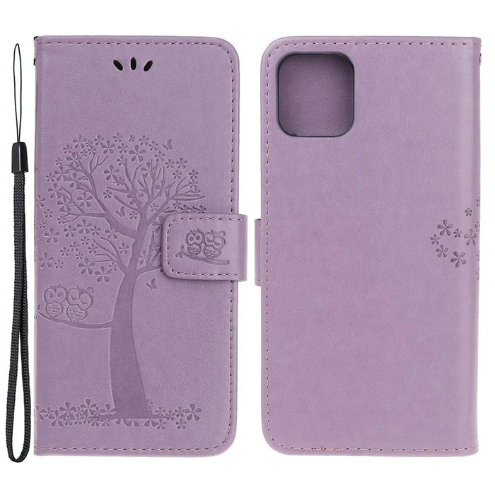 Owl Tree Imprint Wallet Stand Design PU Leather Case Protector with Wrist Strap for iPhone 13 Pro 6.1 inch - Light Purple - 1