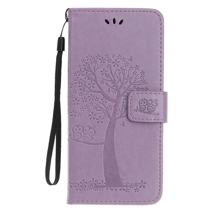 Owl Tree Imprint Wallet Stand Design PU Leather Case Protector with Wrist Strap for iPhone 13 Pro 6.1 inch - Light Purple - 2