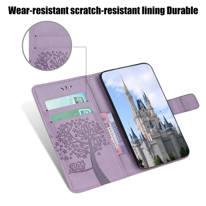 Owl Tree Imprint Wallet Stand Design PU Leather Case Protector with Wrist Strap for iPhone 13 Pro 6.1 inch - Light Purple - 4