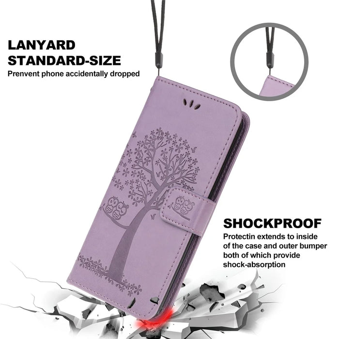 Owl Tree Imprint Wallet Stand Design PU Leather Case Protector with Wrist Strap for iPhone 13 Pro 6.1 inch - Light Purple - 6