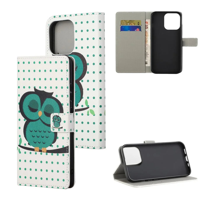 Wallet Cute Pattern Printing PU Leather Stand Feature Flip Cover for iPhone 13 Pro 6.1 inch - Green Owl - 6