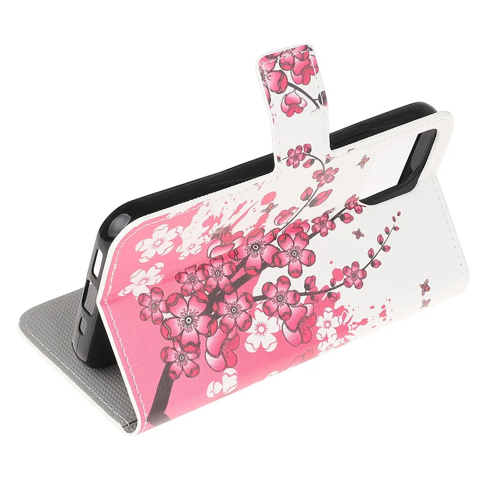 Stand Flip Pattern Printing Design Soft PU Leather Magnetic Closure Wallet Case for iPhone 13 mini 5.4 inch - Plum Blossom - 5