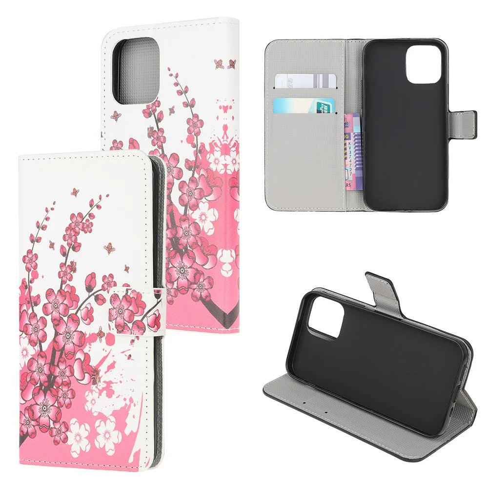 Stand Flip Pattern Printing Design Soft PU Leather Magnetic Closure Wallet Case for iPhone 13 mini 5.4 inch - Plum Blossom - 7