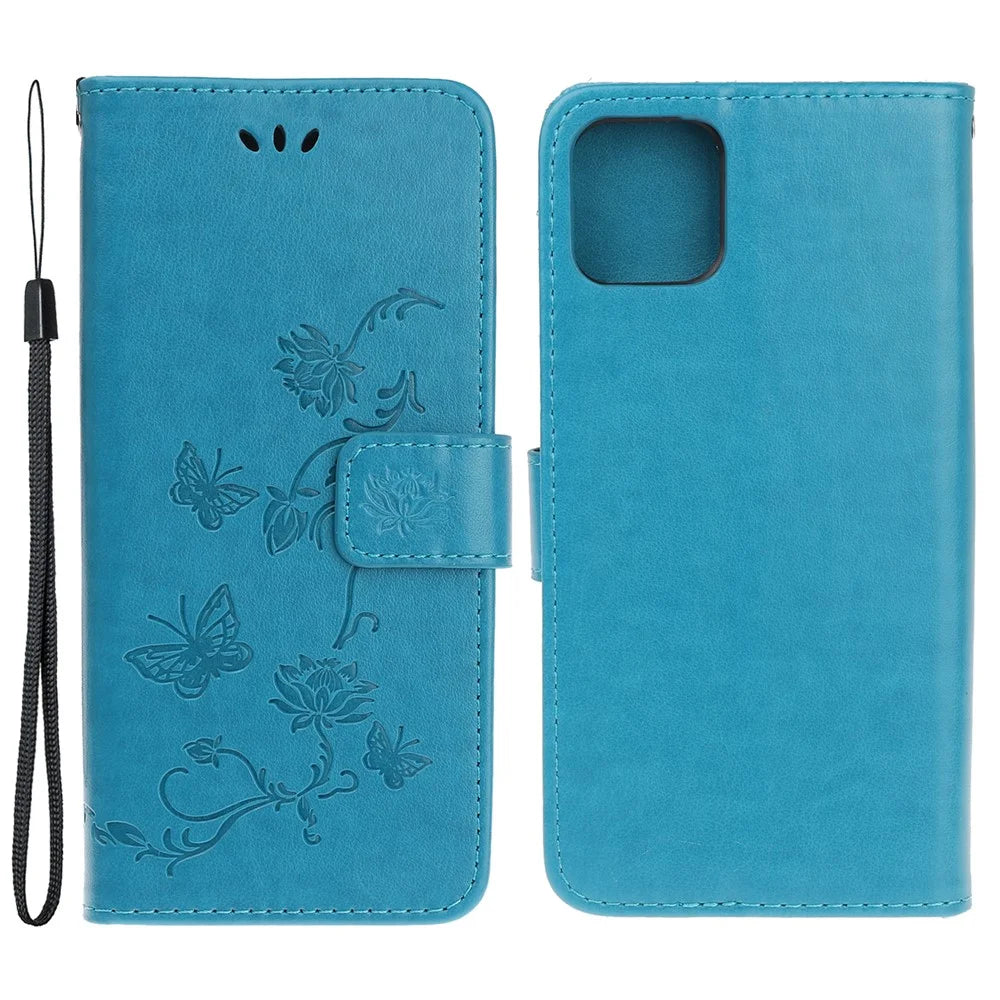 Imprint Butterfly Flower Leather Case Shell with Stand Wallet for iPhone 13 mini 5.4 inch - Blue - 1