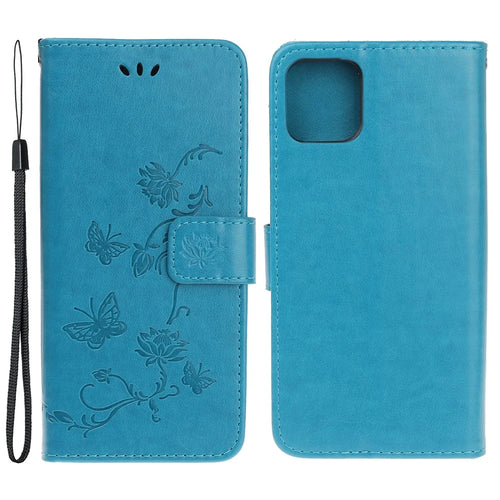 Imprint Butterfly Flower Leather Case Shell with Stand Wallet for iPhone 13 mini 5.4 inch - Blue - 1