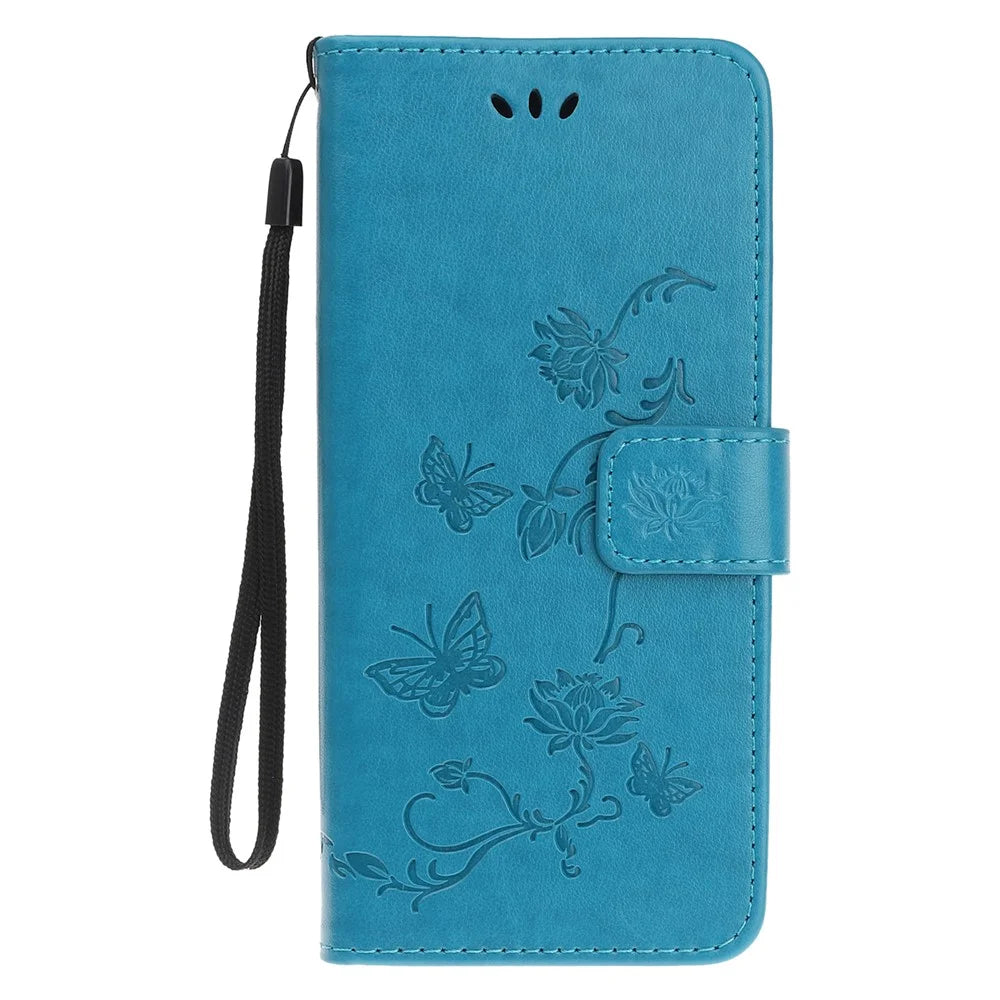 Imprint Butterfly Flower Leather Case Shell with Stand Wallet for iPhone 13 mini 5.4 inch - Blue - 2