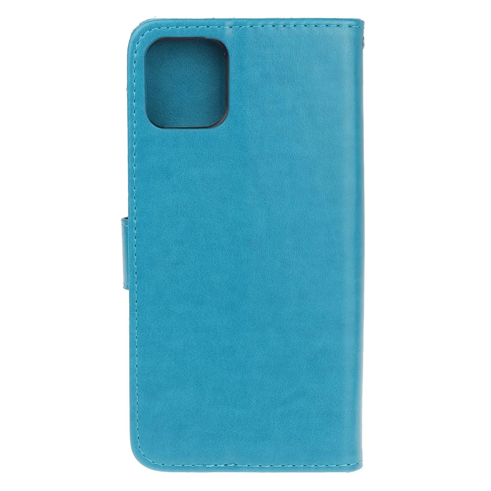 Imprint Butterfly Flower Leather Case Shell with Stand Wallet for iPhone 13 mini 5.4 inch - Blue - 3