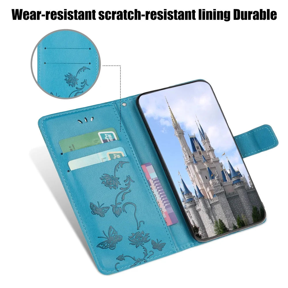 Imprint Butterfly Flower Leather Case Shell with Stand Wallet for iPhone 13 mini 5.4 inch - Blue - 5