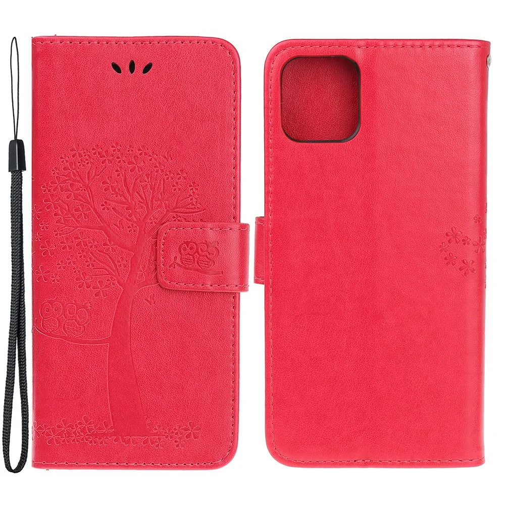 Wallet Stand Leather Case with Owl and Tree Imprinted for iPhone 13 mini 5.4 inch - Red - 1