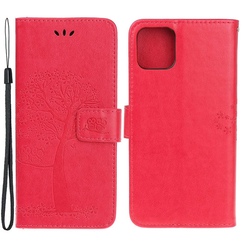 Wallet Stand Leather Case with Owl and Tree Imprinted for iPhone 13 mini 5.4 inch - Red - 1