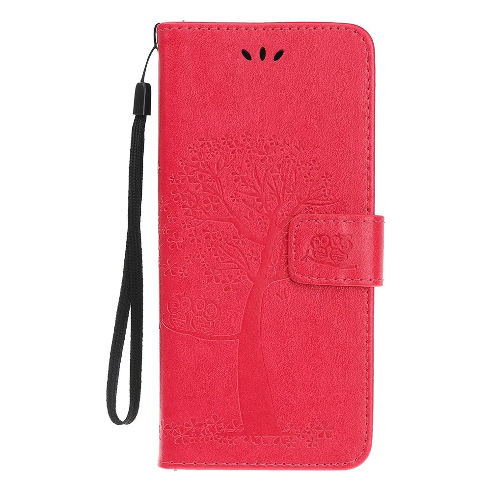 Wallet Stand Leather Case with Owl and Tree Imprinted for iPhone 13 mini 5.4 inch - Red - 2