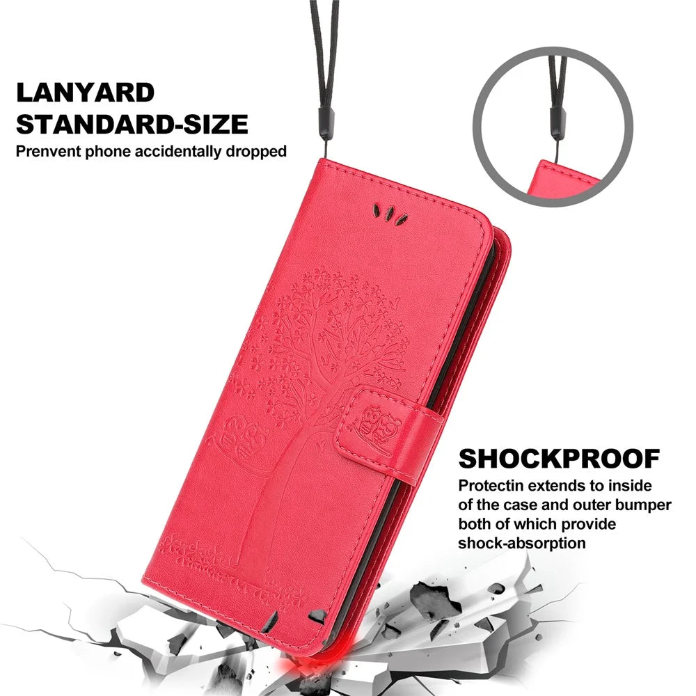 Wallet Stand Leather Case with Owl and Tree Imprinted for iPhone 13 mini 5.4 inch - Red - 6