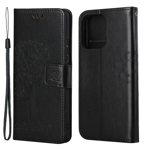 Owl Tree Imprinted Wallet Stand Leather Phone Shell Case for iPhone 13 6.1 inch - Black - 1
