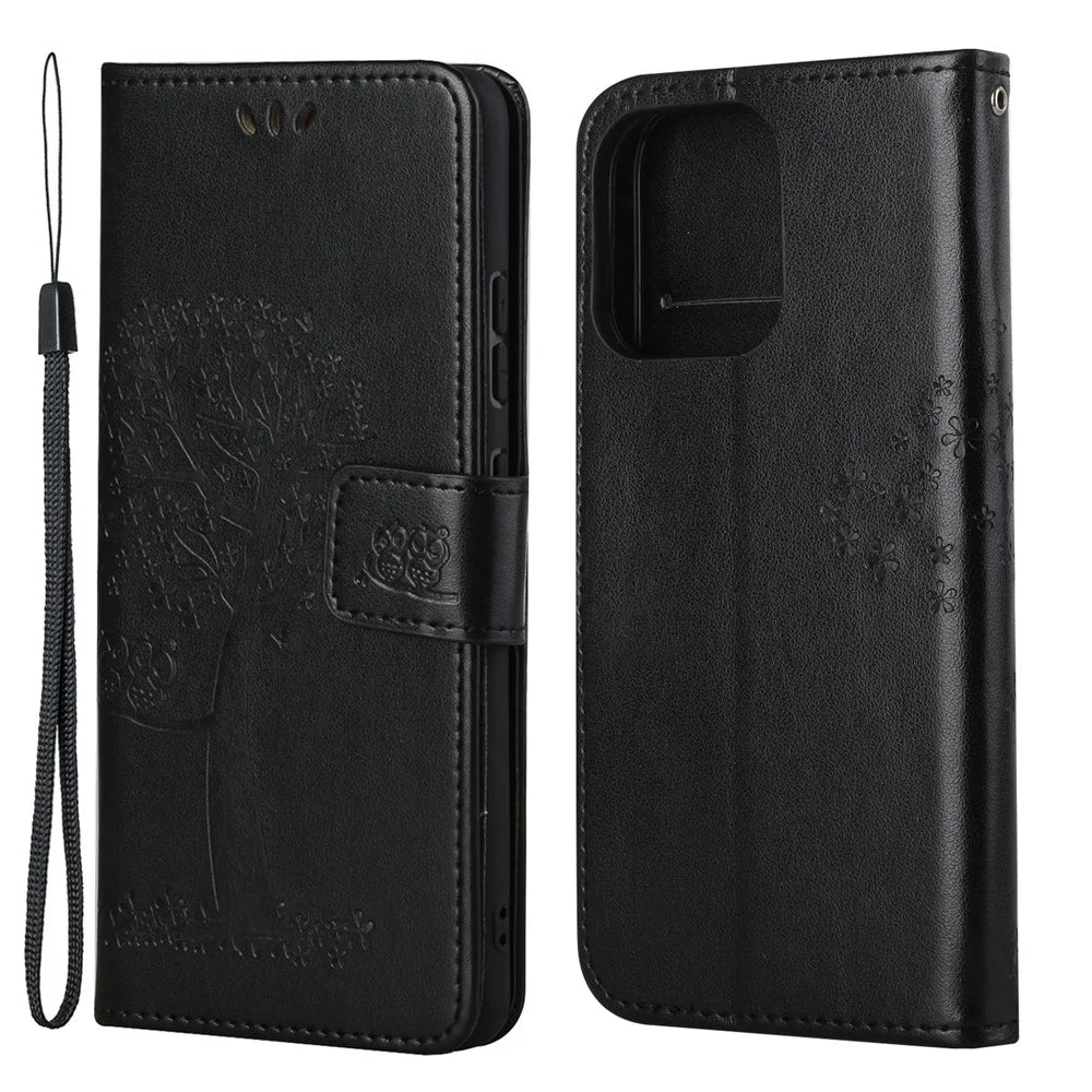 Owl Tree Imprinted Wallet Stand Leather Phone Shell Case for iPhone 13 6.1 inch - Black - 1