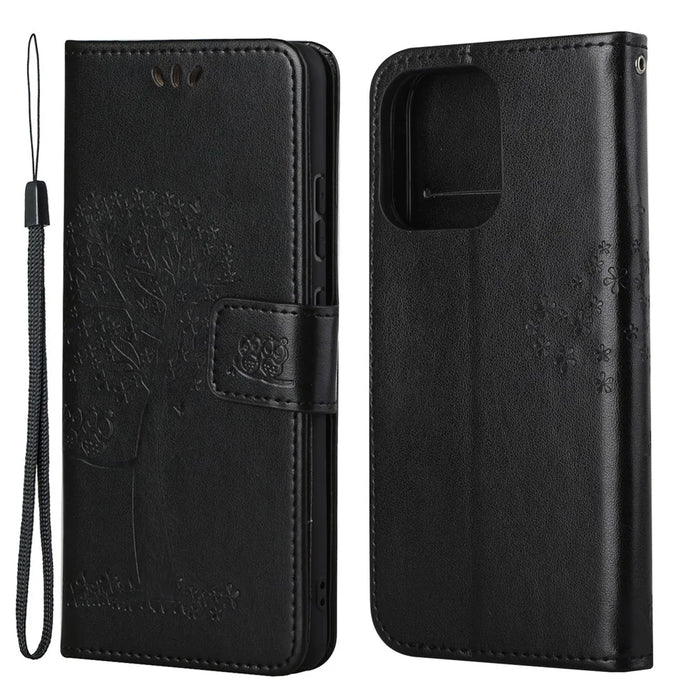 Owl Tree Imprinted Wallet Stand Leather Phone Shell Case for iPhone 13 6.1 inch - Black - 1