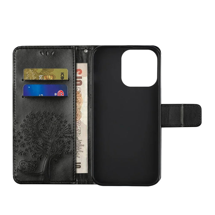 Owl Tree Imprinted Wallet Stand Leather Phone Shell Case for iPhone 13 6.1 inch - Black - 4