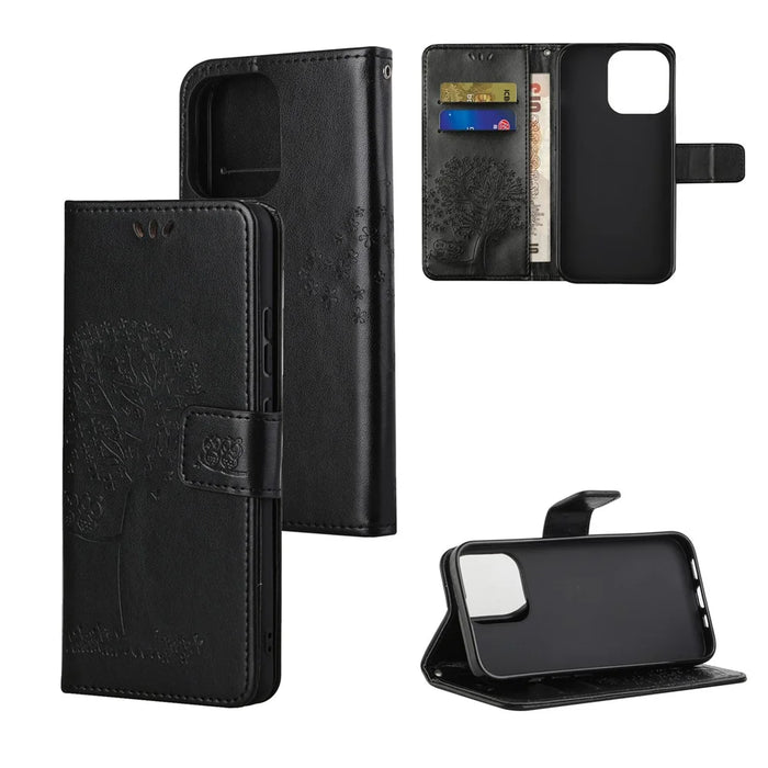 Owl Tree Imprinted Wallet Stand Leather Phone Shell Case for iPhone 13 6.1 inch - Black - 7