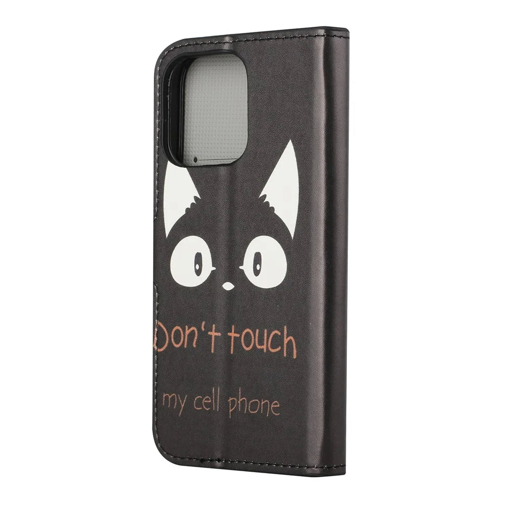 Full Body Protective Pattern Printing PU Leather Wallet Magnetic Closer Shockproof Stand Feature Flip Folio Cover Case for iPhone 13 6.1 inch - Don't Touch My Cell Phone - 2