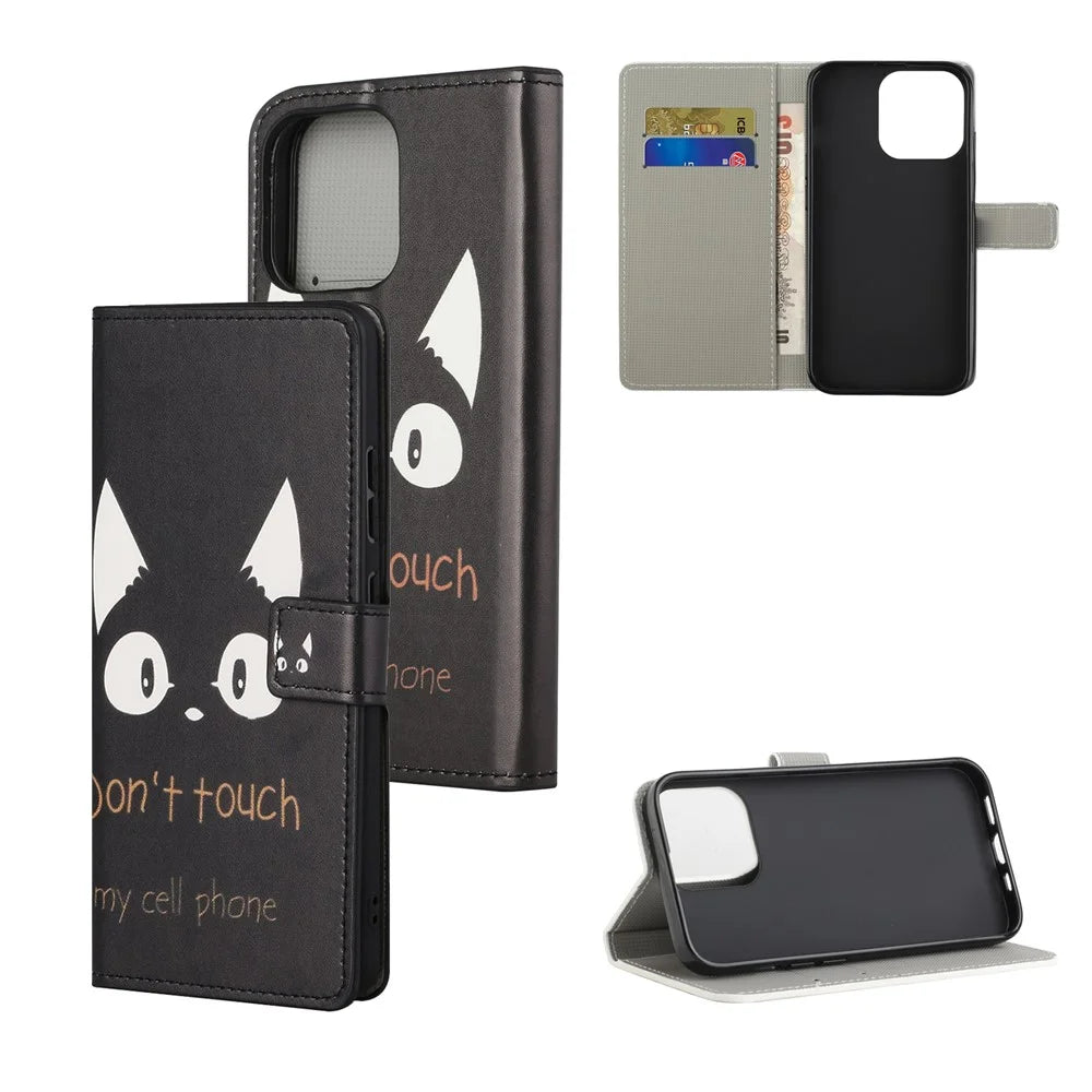 Full Body Protective Pattern Printing PU Leather Wallet Magnetic Closer Shockproof Stand Feature Flip Folio Cover Case for iPhone 13 6.1 inch - Don't Touch My Cell Phone - 6