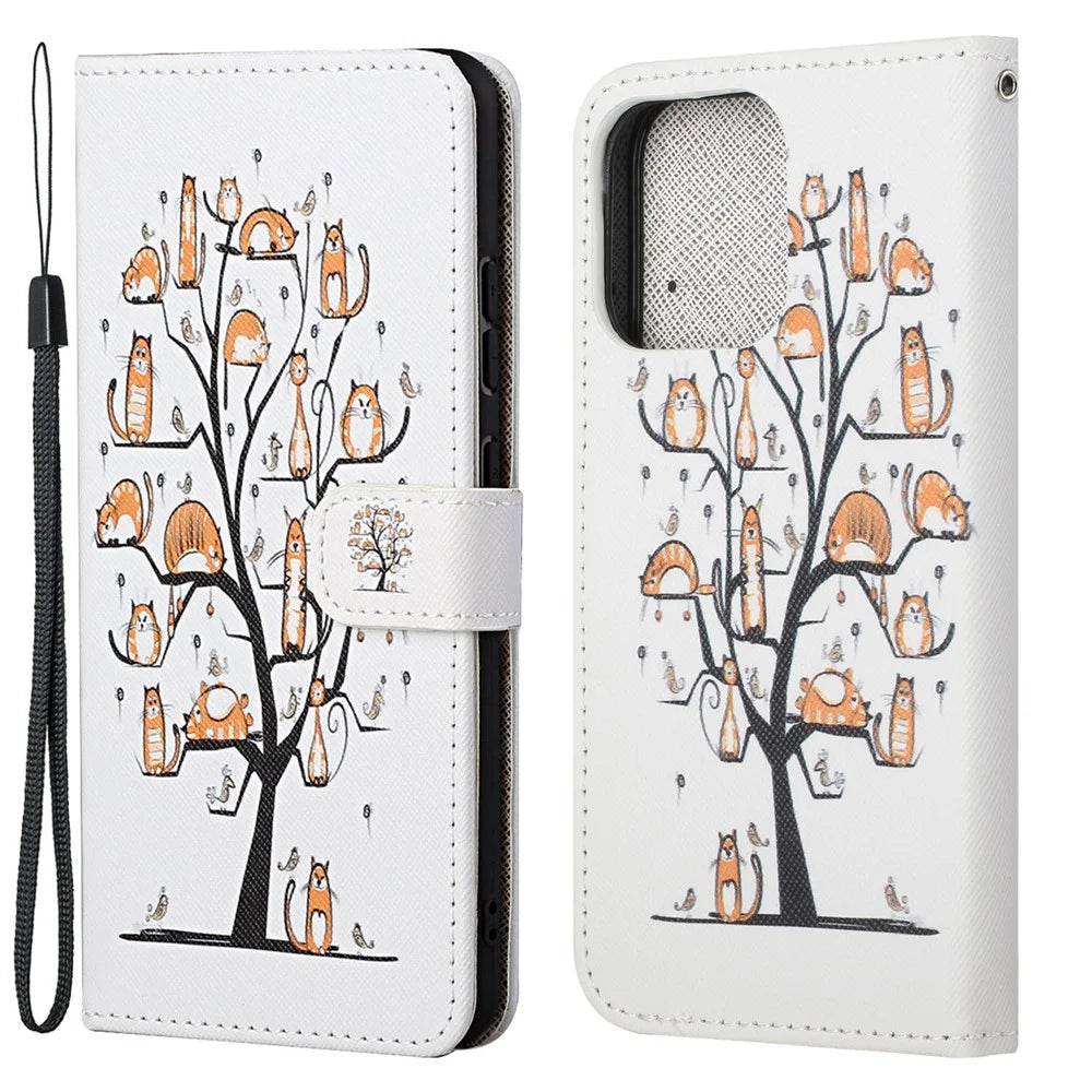 Magnetic Clasp Closure Stylish Pattern Cross Texture Leather Wallet Stand Case for iPhone 13 Pro 6.1 inch - Cats On The Tree - 1