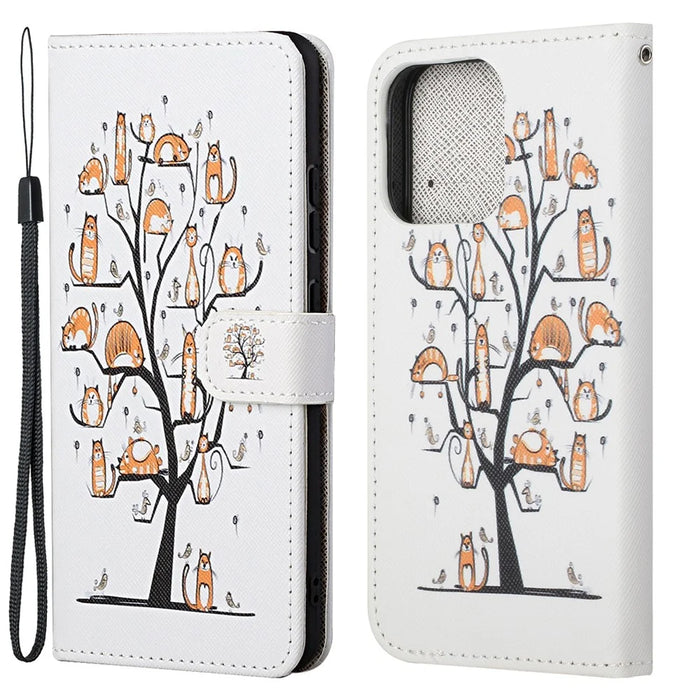 Magnetic Clasp Closure Stylish Pattern Cross Texture Leather Wallet Stand Case for iPhone 13 Pro 6.1 inch - Cats On The Tree - 1