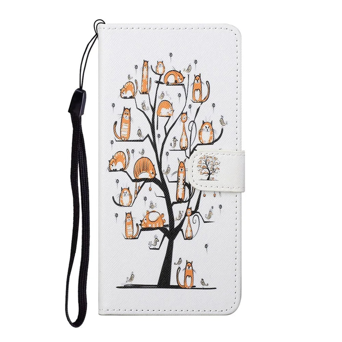 Magnetic Clasp Closure Stylish Pattern Cross Texture Leather Wallet Stand Case for iPhone 13 Pro 6.1 inch - Cats On The Tree - 2