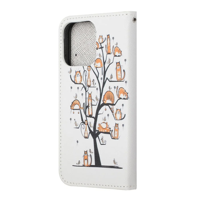 Magnetic Clasp Closure Stylish Pattern Cross Texture Leather Wallet Stand Case for iPhone 13 Pro 6.1 inch - Cats On The Tree - 3