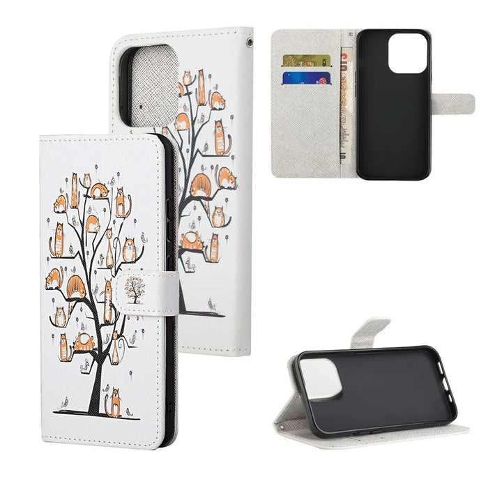 Magnetic Clasp Closure Stylish Pattern Cross Texture Leather Wallet Stand Case for iPhone 13 Pro 6.1 inch - Cats On The Tree - 7