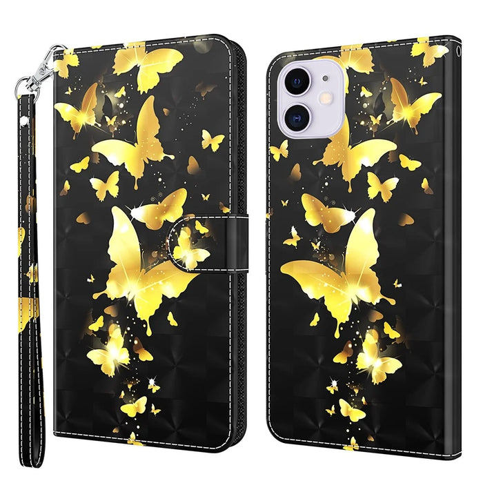 Light Spot Decor Patterned Leather Wallet Case for iPhone 13 - Gold Butterfly - 1