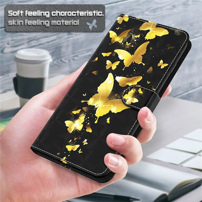 Light Spot Decor Patterned Leather Wallet Case for iPhone 13 - Gold Butterfly - 5