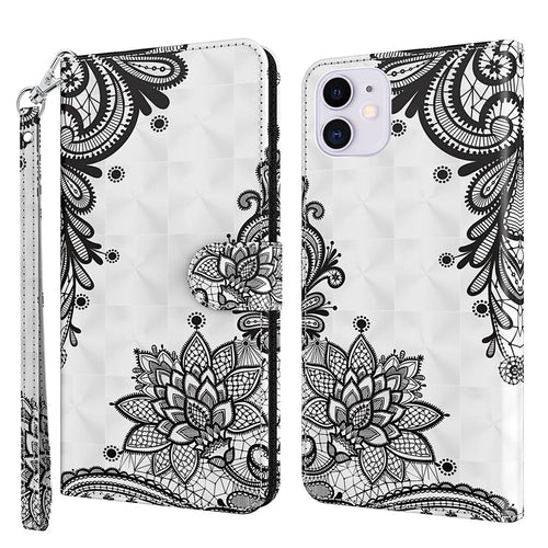 Stand 3D Pattern Printing PU Leather Wallet Magnetic Flip Folio Cover with Strap for iPhone 13 Pro Max 6.7 inch - Lace Flower - 1