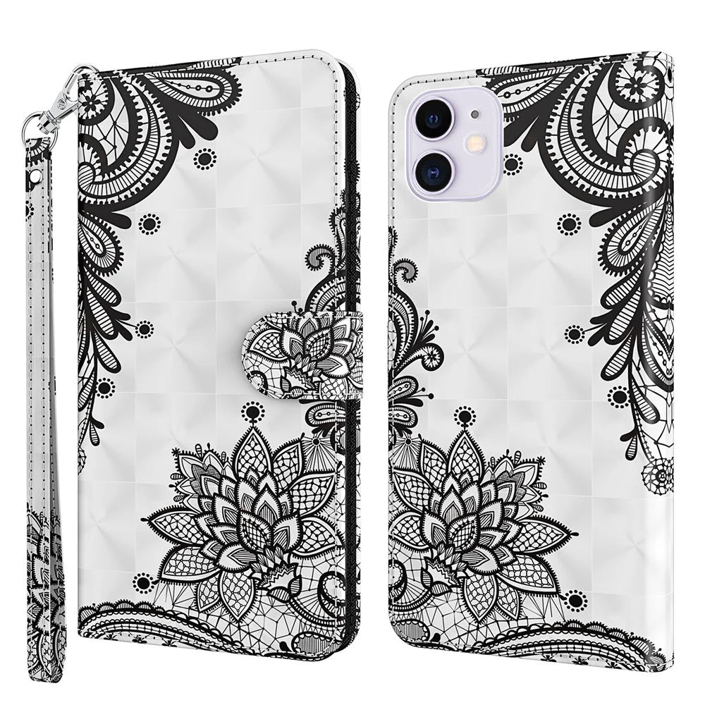 Stand 3D Pattern Printing PU Leather Wallet Magnetic Flip Folio Cover with Strap for iPhone 13 Pro Max 6.7 inch - Lace Flower - 1