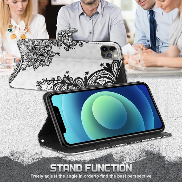 Stand 3D Pattern Printing PU Leather Wallet Magnetic Flip Folio Cover with Strap for iPhone 13 Pro Max 6.7 inch - Lace Flower - 3