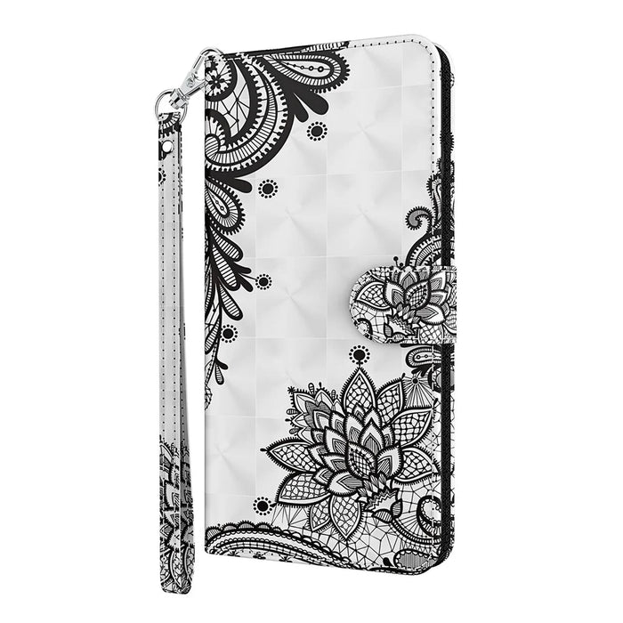 Stand 3D Pattern Printing PU Leather Wallet Magnetic Flip Folio Cover with Strap for iPhone 13 Pro Max 6.7 inch - Lace Flower - 7