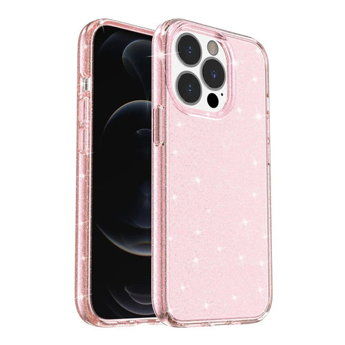 For iPhone 13 Pro Clear Bling Sparkly Powder Glitter Shiny Soft TPU + Hard PC Back Cover - Pink - 1