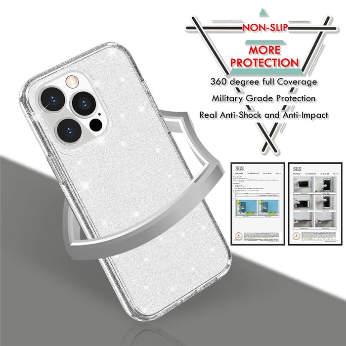 For iPhone 13 Pro Clear Bling Sparkly Powder Glitter Shiny Soft TPU + Hard PC Back Cover - Pink - 2