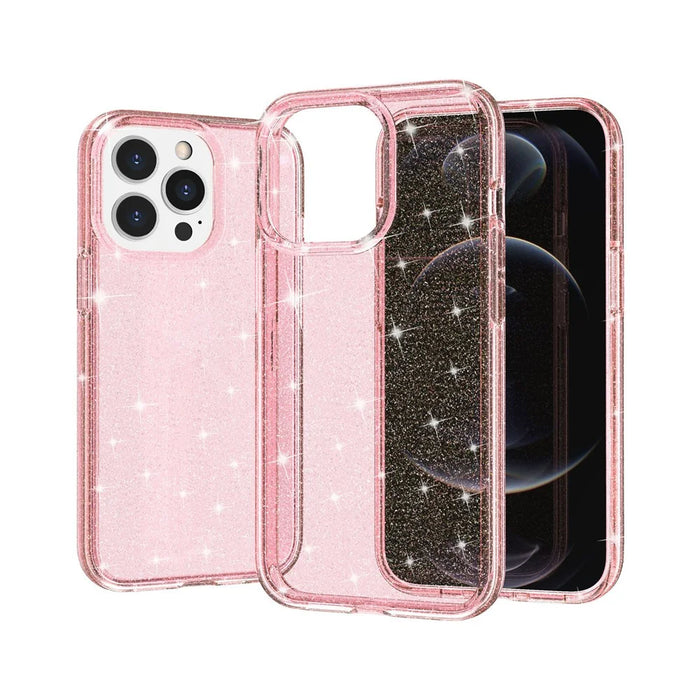 For iPhone 13 Pro Clear Bling Sparkly Powder Glitter Shiny Soft TPU + Hard PC Back Cover - Pink - 7