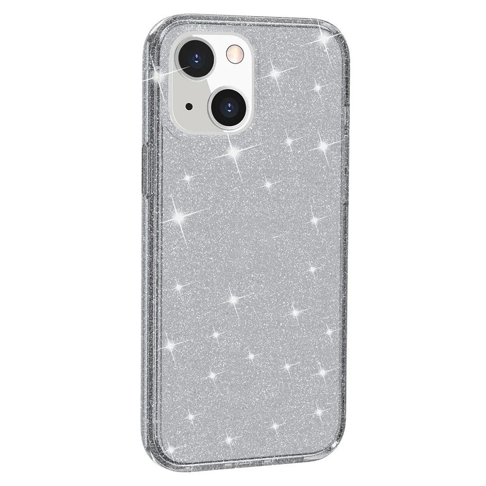 For iPhone 13 6.1 inch Clear Glitter Design Phone Case Soft TPU Bumper + Hard PC Shockproof Protective Back Cover - Transparent Black - 1