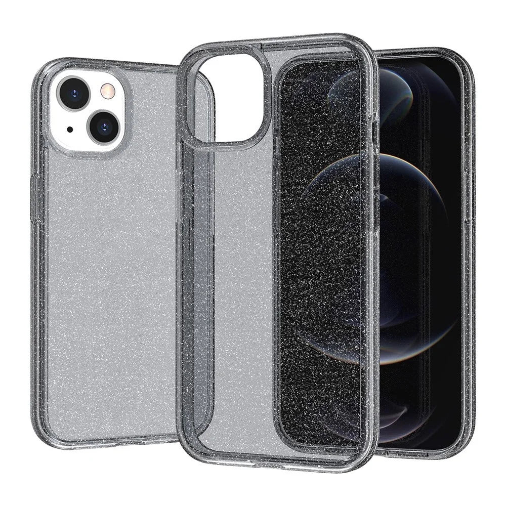 For iPhone 13 6.1 inch Clear Glitter Design Phone Case Soft TPU Bumper + Hard PC Shockproof Protective Back Cover - Transparent Black - 2