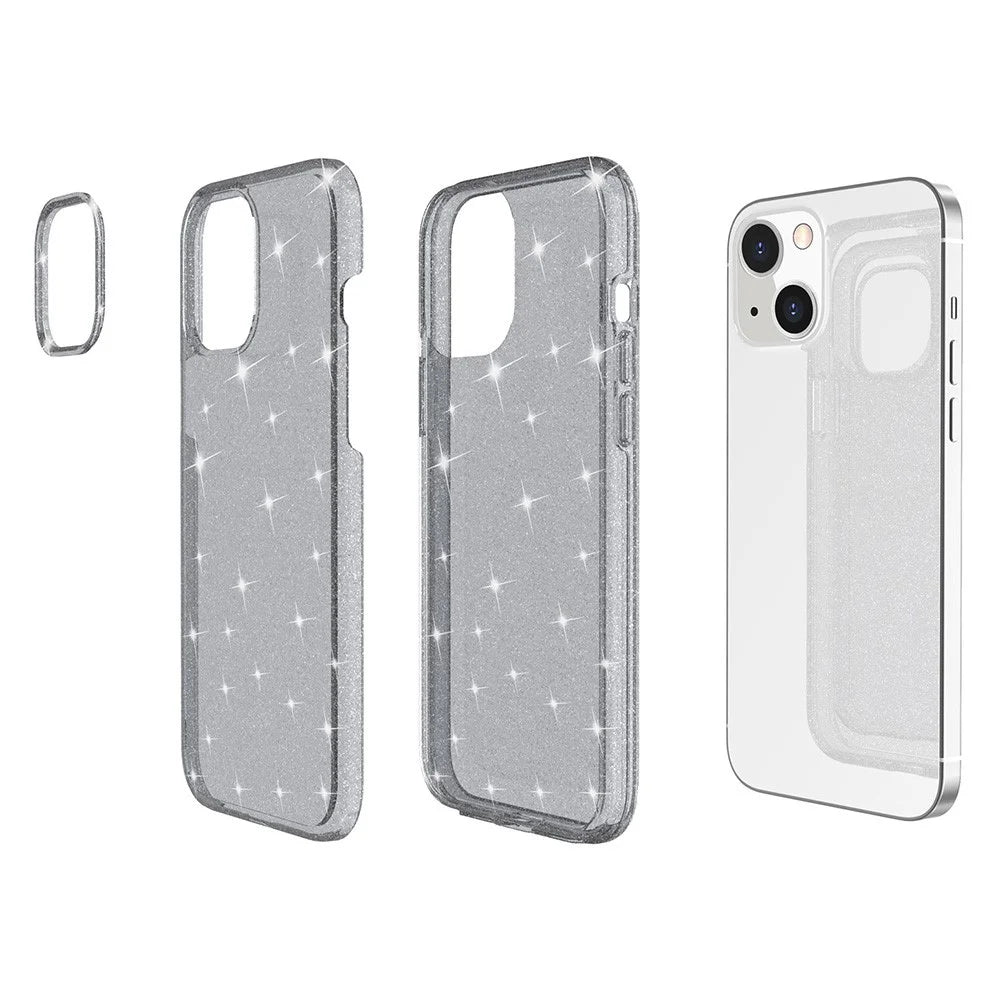 For iPhone 13 6.1 inch Clear Glitter Design Phone Case Soft TPU Bumper + Hard PC Shockproof Protective Back Cover - Transparent Black - 7