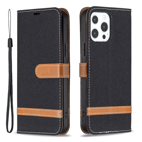 For iPhone 13 Pro Max 6.7 inch Wallet Design Drop-Proof Jeans Cloth Splicing Leather Stand Phone Cover - Black - 1