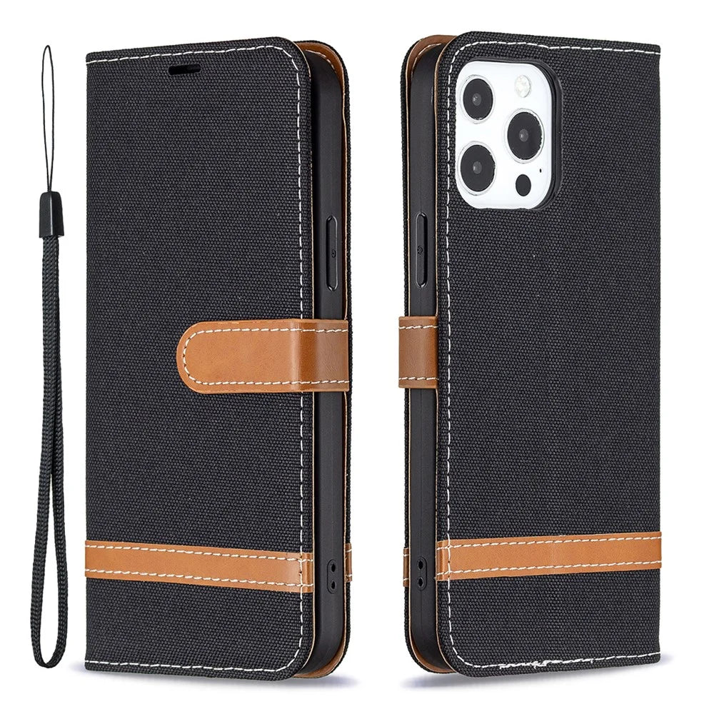 For iPhone 13 Pro Max 6.7 inch Wallet Design Drop-Proof Jeans Cloth Splicing Leather Stand Phone Cover - Black - 1